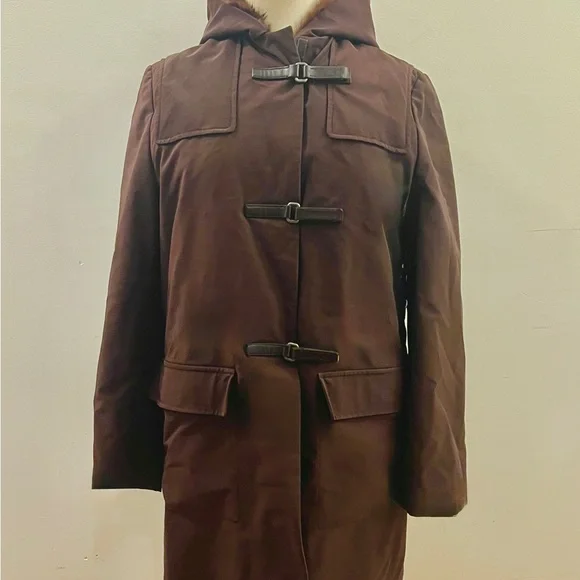Prada FW 1999 - fur lined brown Nylon Coat with Leather Velcro strap closure - Picture 1 of 13